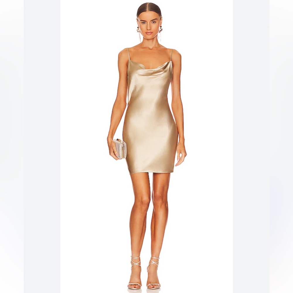 Fleur du mal NWT Short Cowl Neck Slip Dress Small Silk Bubbly Gold Mini - Picture 6 of 6